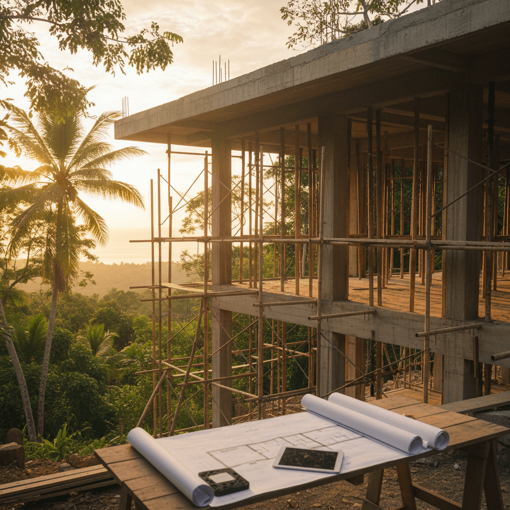 A modern Costa Rica home under construction at golden hour