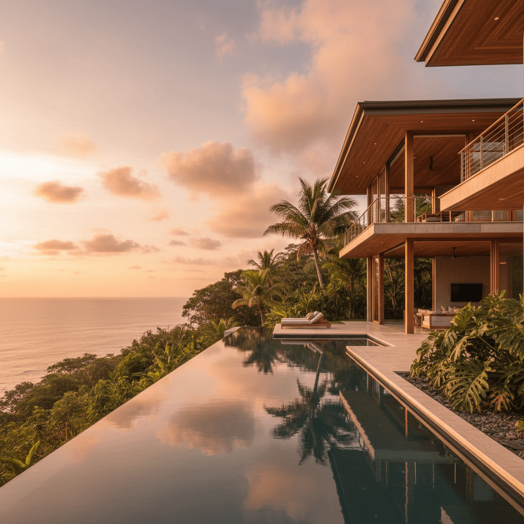 An ocean-view villa in Costa Rica at golden hour